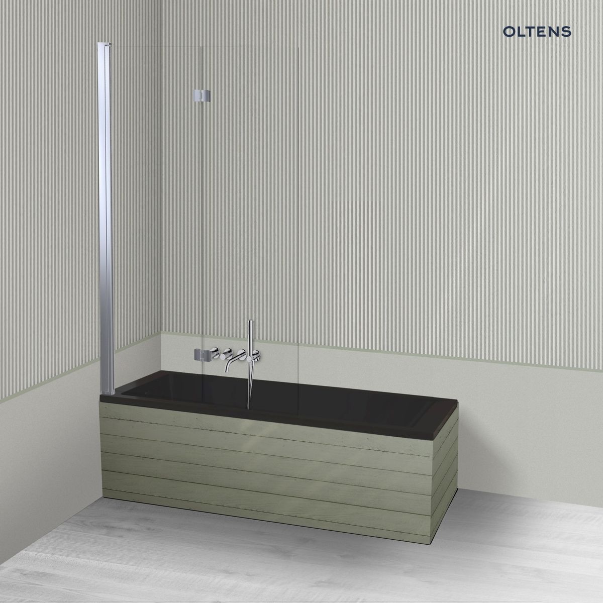 Oltens Langfoss Sela zestaw wanna prostokątna 150x70 cm akrylowa czarny mat z parawanem nawannowym 115 cm 2-częściowy chrom