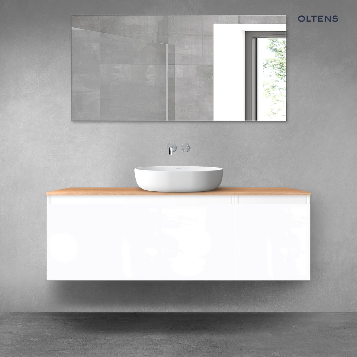 Oltens Vernal zestaw mebli łazienkowych 140 cm z blatem biały połysk/dąb