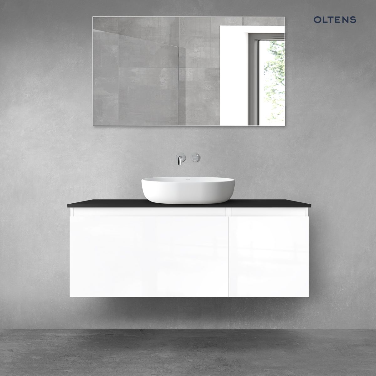 Oltens Vernal zestaw mebli łazienkowych 120 cm z blatem biały połysk/czarny mat