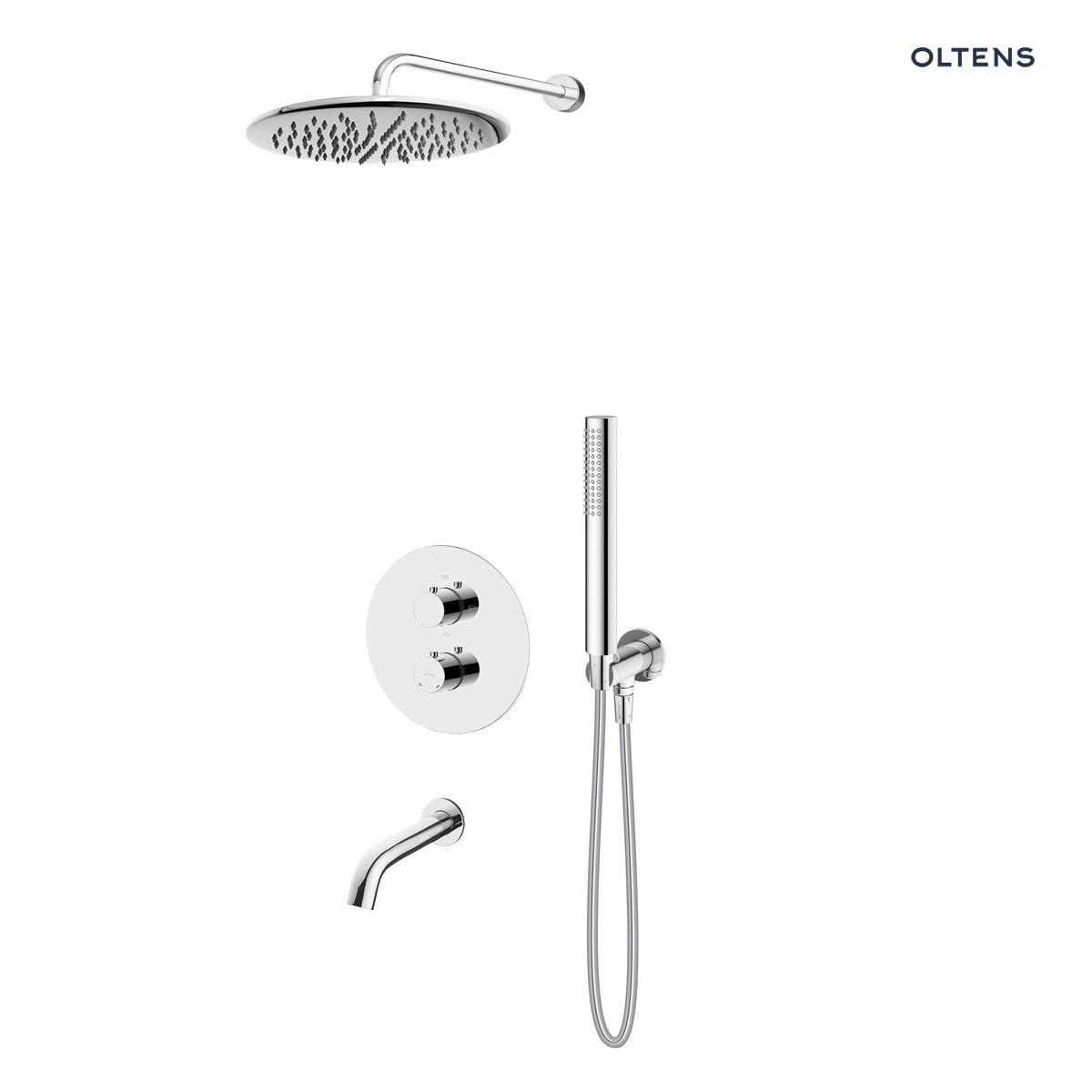 Zestaw Oltens Katla bateria podtynkowa termostatyczna z wylewką wannową Molle z deszczownicą 30 cm Sondera i kompletem prysznicowym Ume chrom