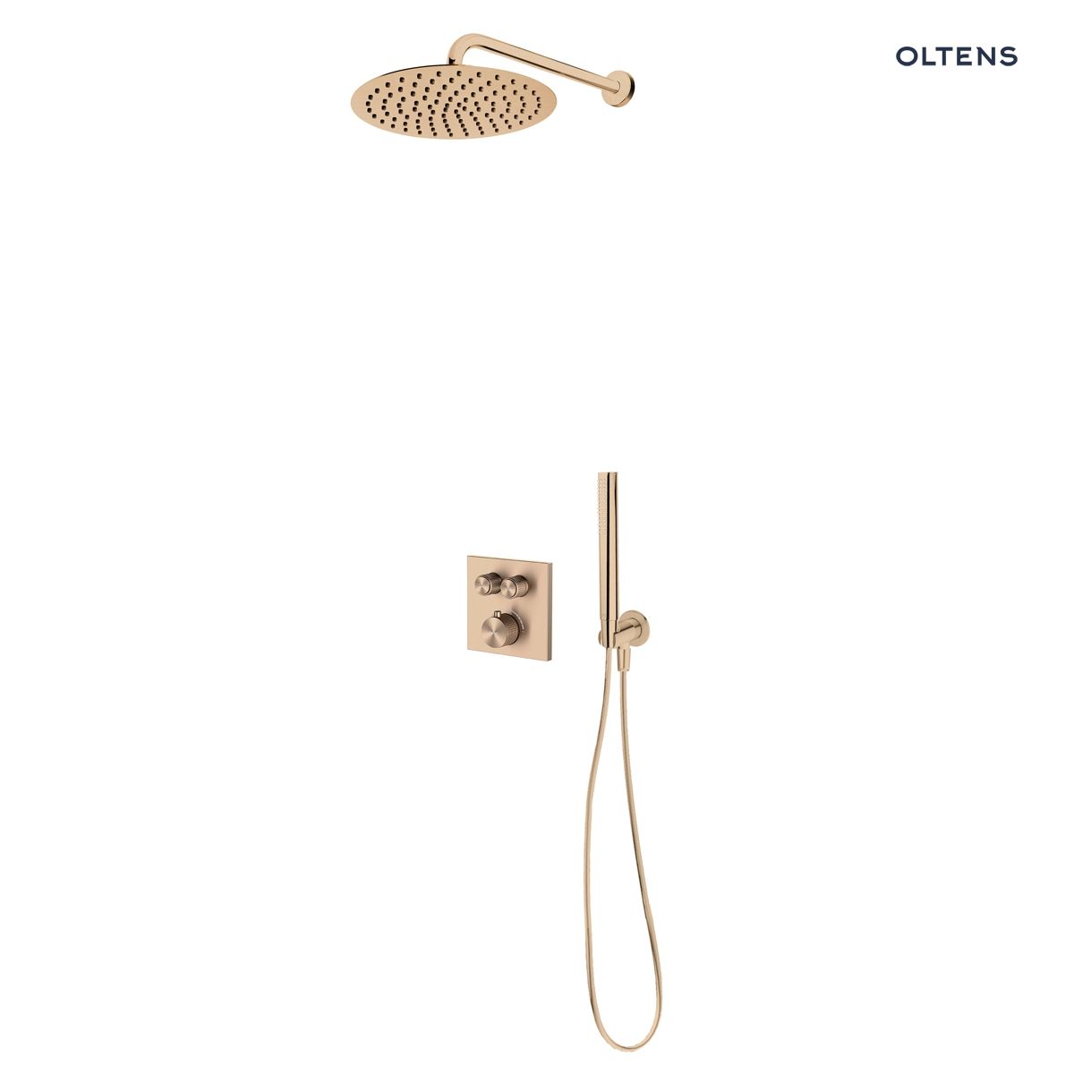 Zestaw Oltens Onega (S) bateria podtynkowa termostatyczna z deszczownicą 30 cm Vindel i kompletem prysznicowym Ume miedź szczotkowana