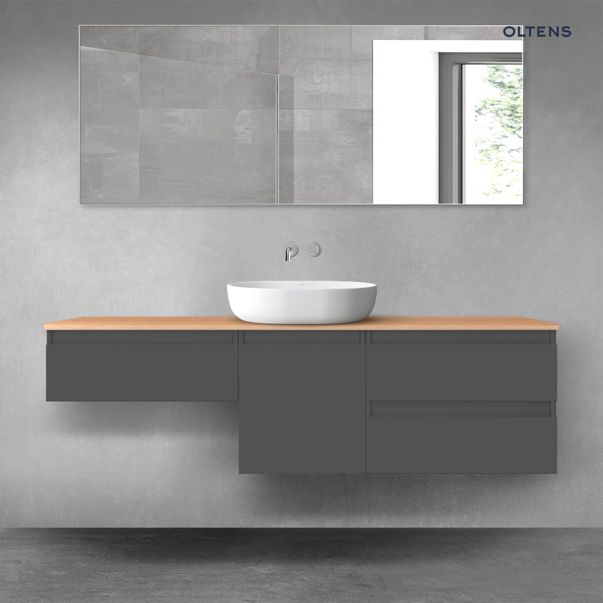 Oltens Vernal zestaw mebli łazienkowych 160 cm z blatem grafit mat/dąb