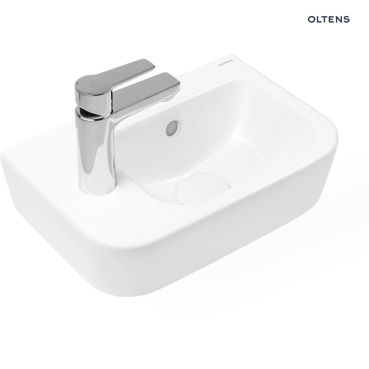 Oltens Vernal umywalka 37x24,5 cm wisząca lewa biała