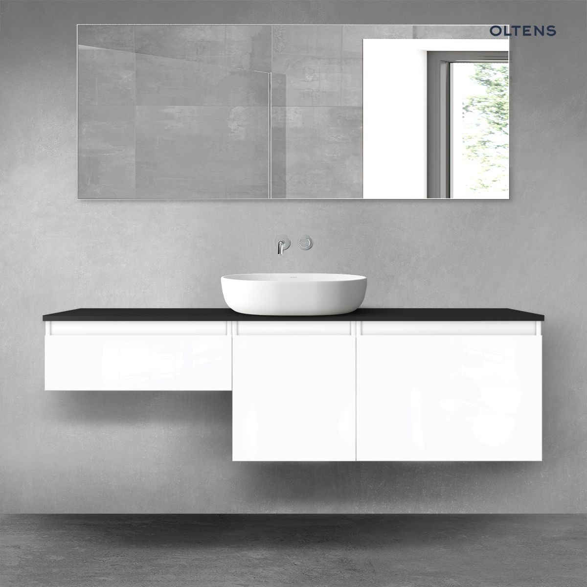 Oltens Vernal zestaw mebli łazienkowych 160 cm z blatem biały połysk/czarny mat