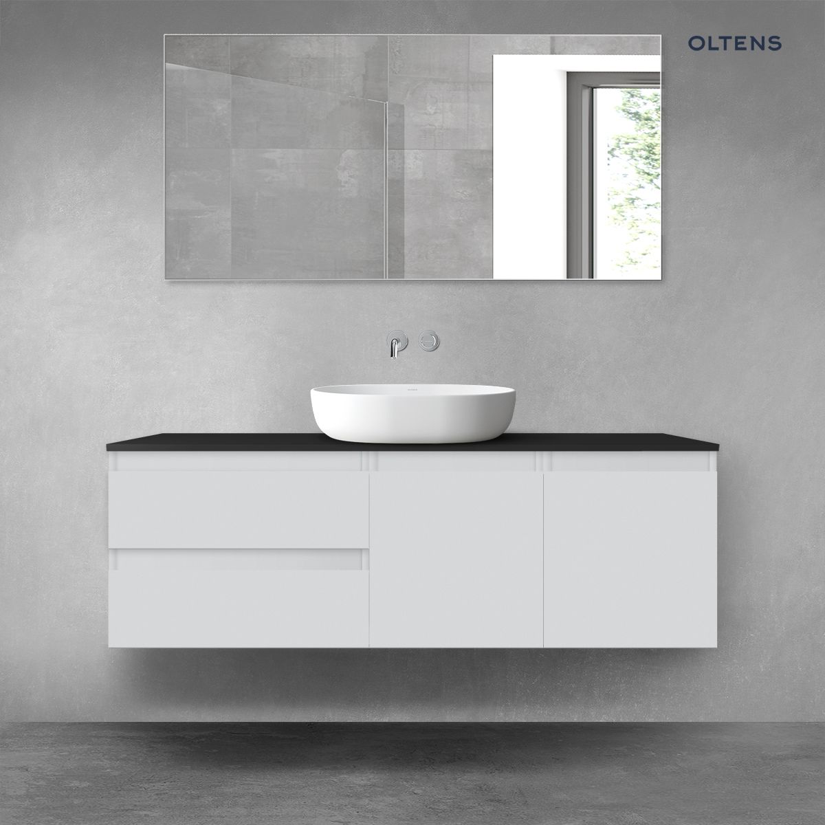 Oltens Vernal zestaw mebli łazienkowych 140 cm z blatem szary mat/czarny mat