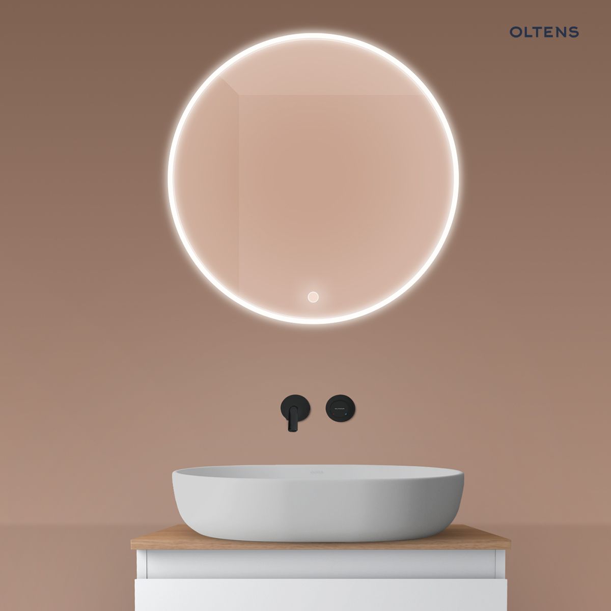 Oltens Nordlis lustro 60x60 cm okrągłe z oświetleniem z przodu z matą grzewczą