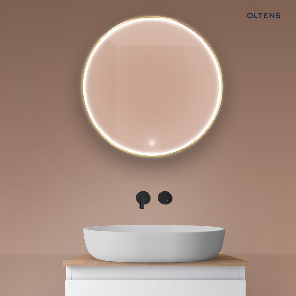 Oltens Nordlis lustro 60x60 cm okrągłe z oświetleniem z przodu z matą grzewczą złoty