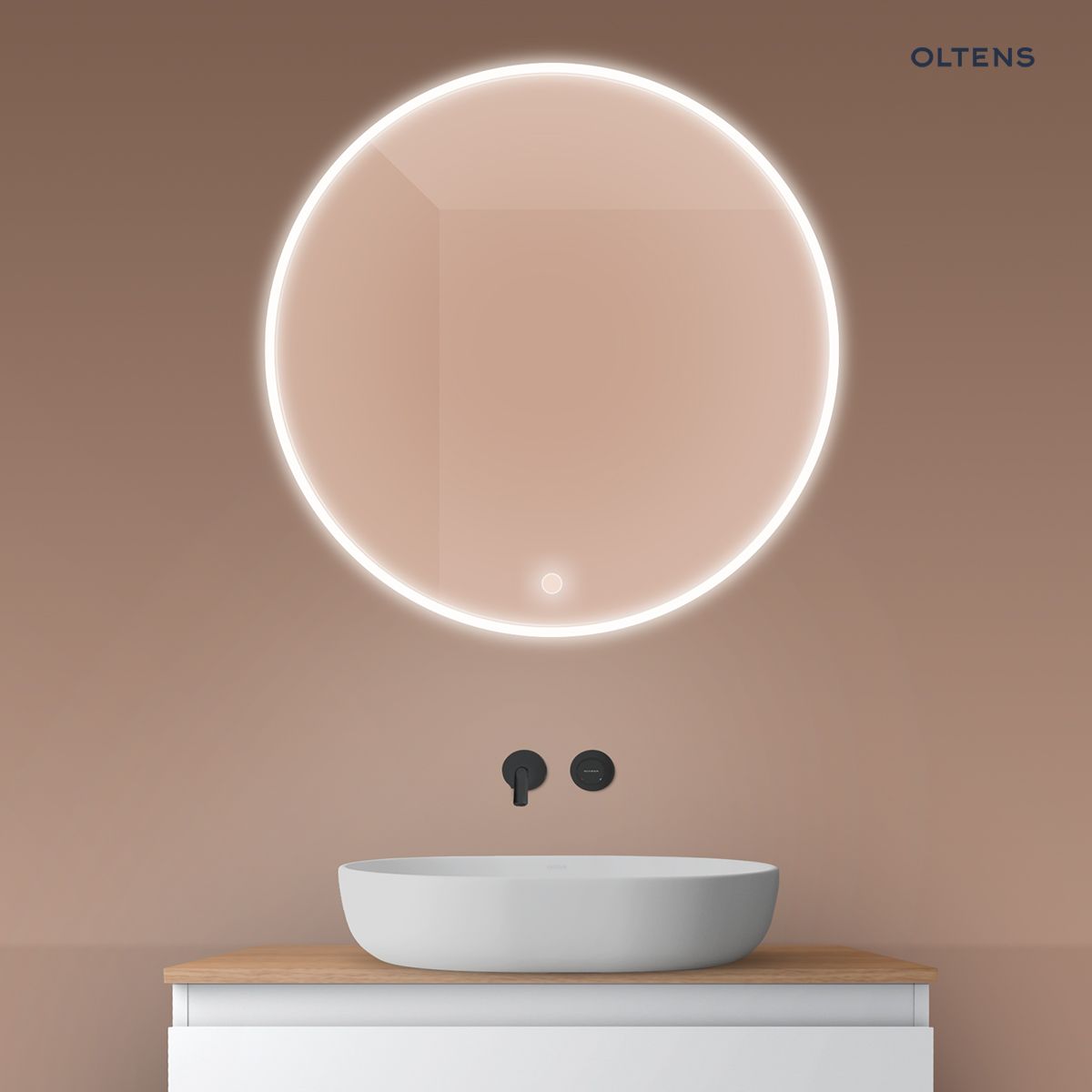 Oltens Nordlis lustro 80x80 cm okrągłe z oświetleniem z przodu z matą grzewczą