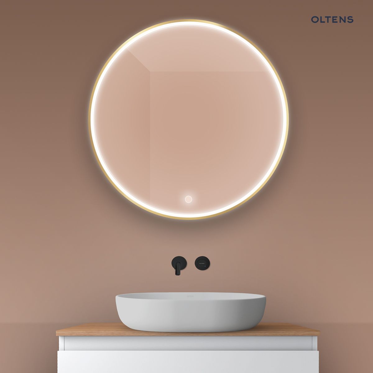 Oltens Nordlis lustro 80x80 cm okrągłe z oświetleniem z przodu z matą grzewczą złoty