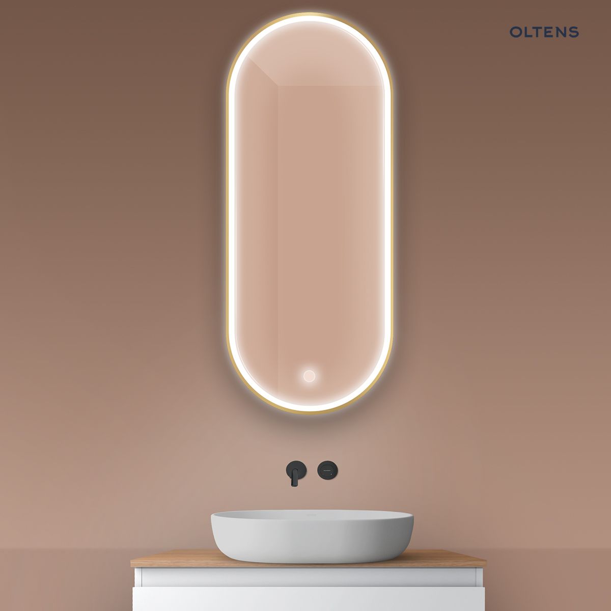 Oltens Nordlis lustro 50x120 cm owalne z oświetleniem z przodu z matą grzewczą złoty