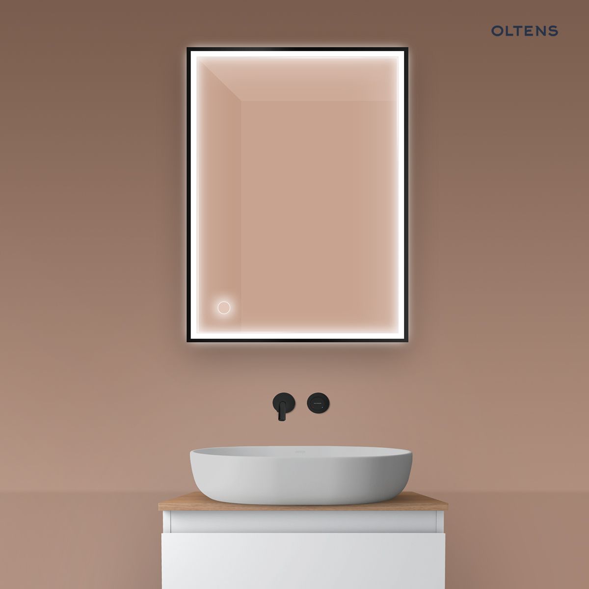 Oltens Nordlis lustro 60x80 cm prostokątne z oświetleniem z przodu z matą grzewczą czarny