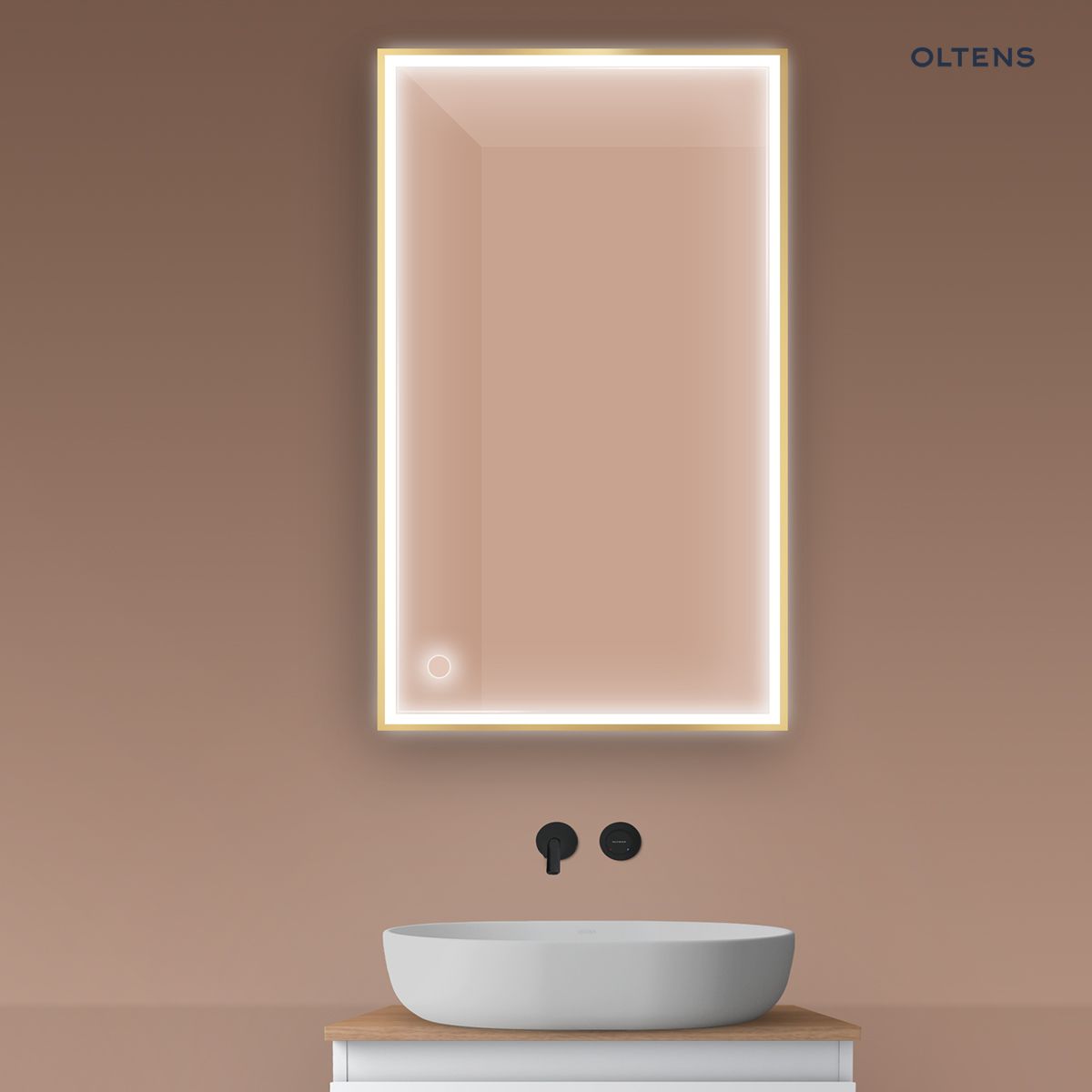 Oltens Nordlis lustro 60x100 cm prostokątne z oświetleniem z przodu z matą grzewczą złoty