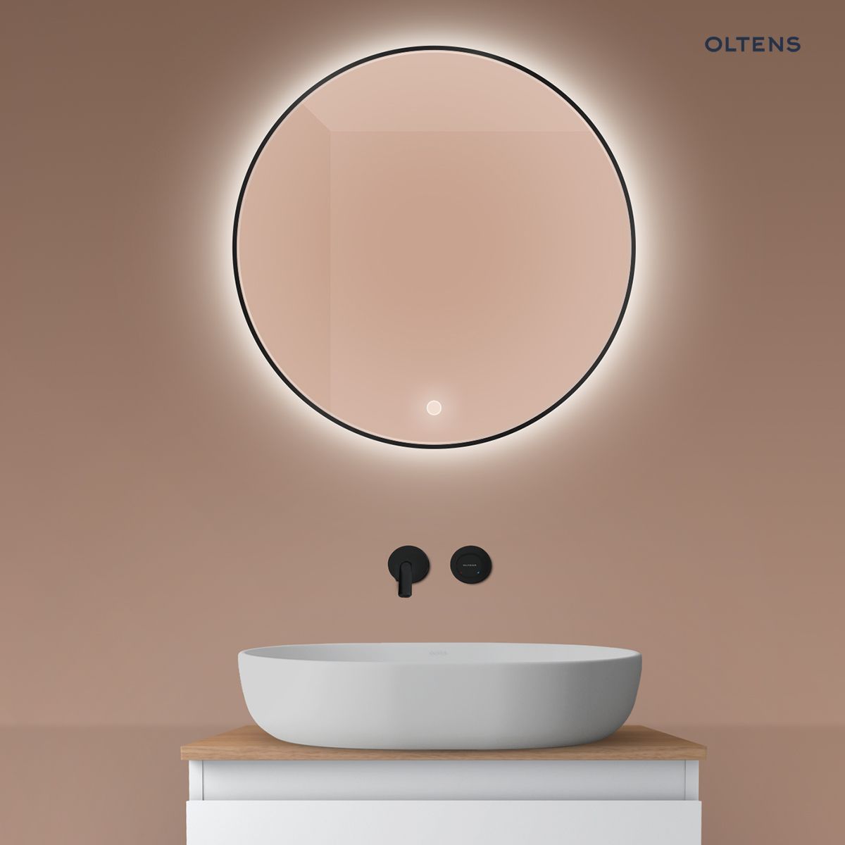 Oltens Nordlis lustro 60x60 cm okrągłe z oświetleniem od tyłu z matą grzewczą czarny