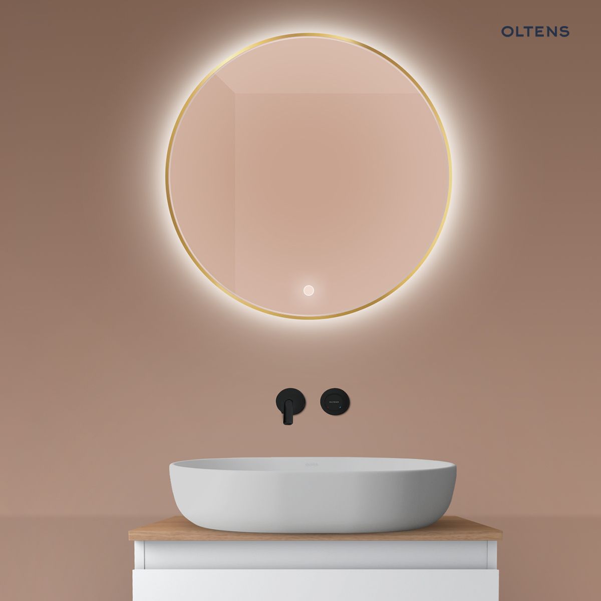 Oltens Nordlis lustro 60x60 cm okrągłe z oświetleniem od tyłu z matą grzewczą złoty