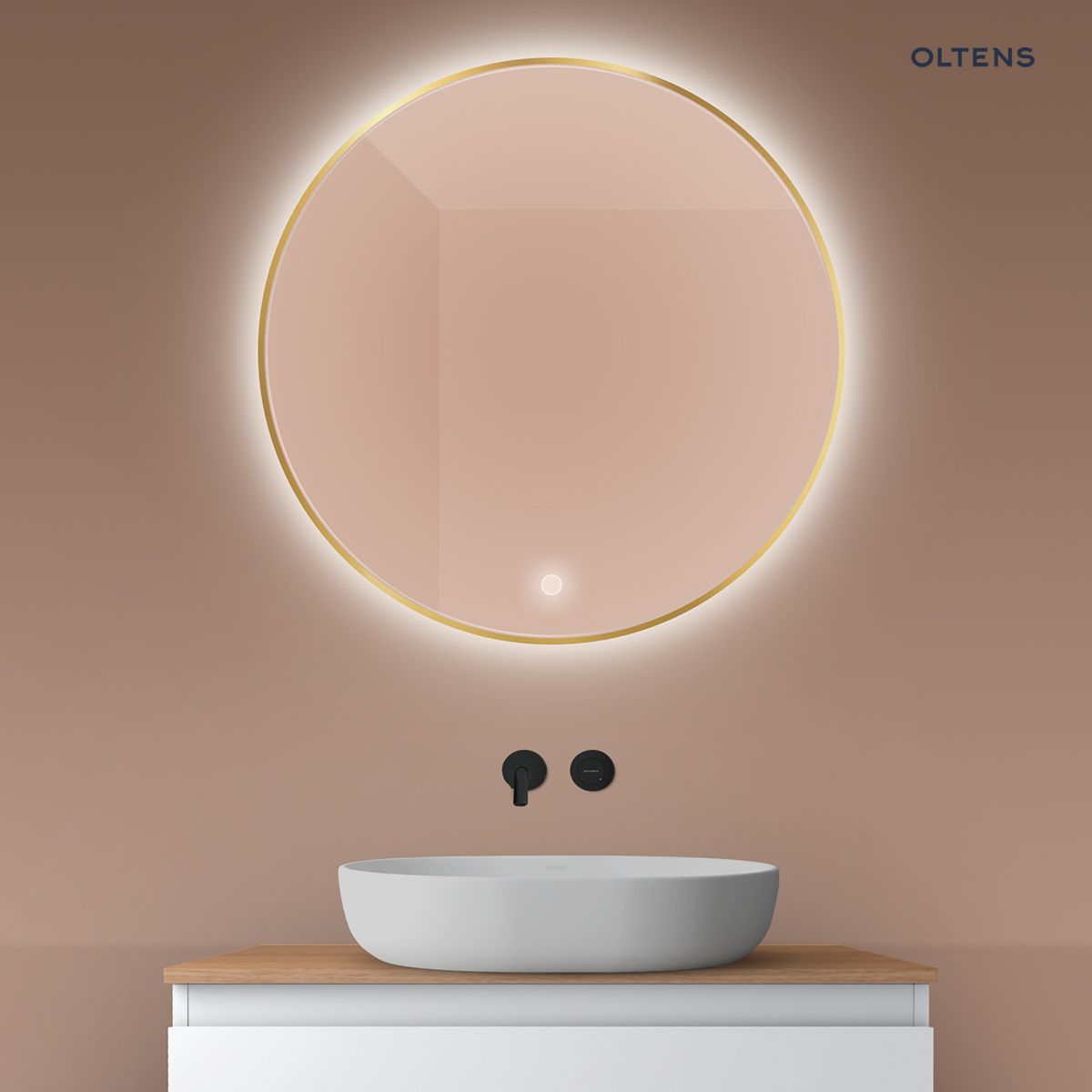 Oltens Nordlis lustro 80x80 cm okrągłe z oświetleniem od tyłu z matą grzewczą złoty