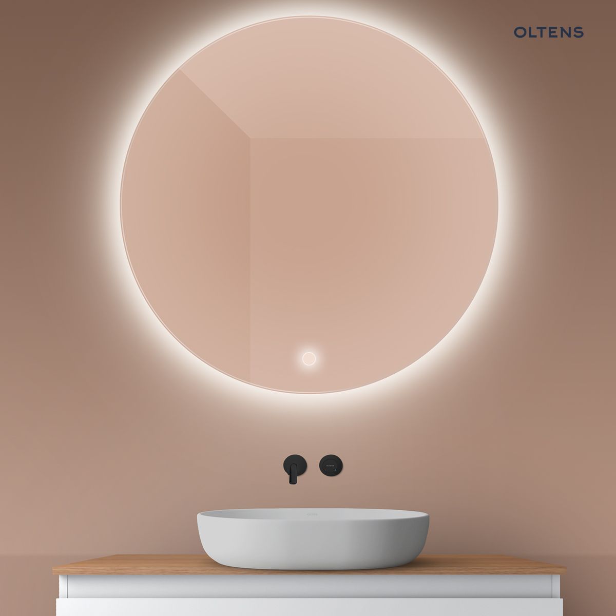 Oltens Nordlis lustro 100x100 cm okrągłe z oświetleniem od tyłu z matą grzewczą