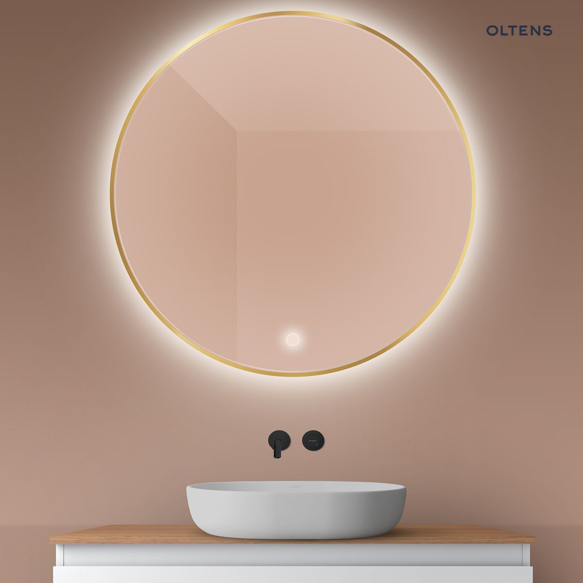 Oltens Nordlis lustro 100x100 cm okrągłe z oświetleniem od tyłu z matą grzewczą złoty