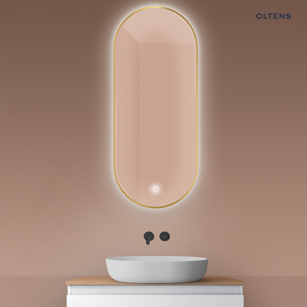 Oltens Nordlis lustro 50x120 cm owalne z oświetleniem od tyłu z matą grzewczą złoty