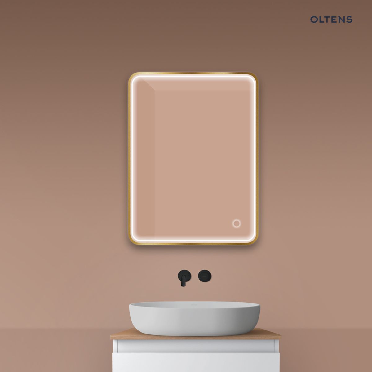 Oltens Nordlis lustro 60x80 cm prostokątne z oświetleniem z przodu z matą grzewczą złoto szczotkowane