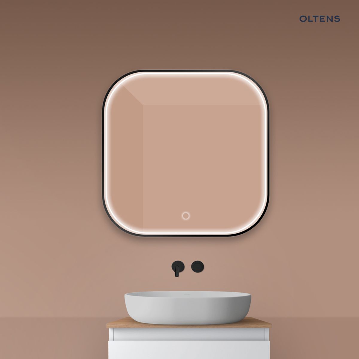 Oltens Nordlis lustro 80x80 cm kwadratowe z oświetleniem z przodu z matą grzewczą czarny