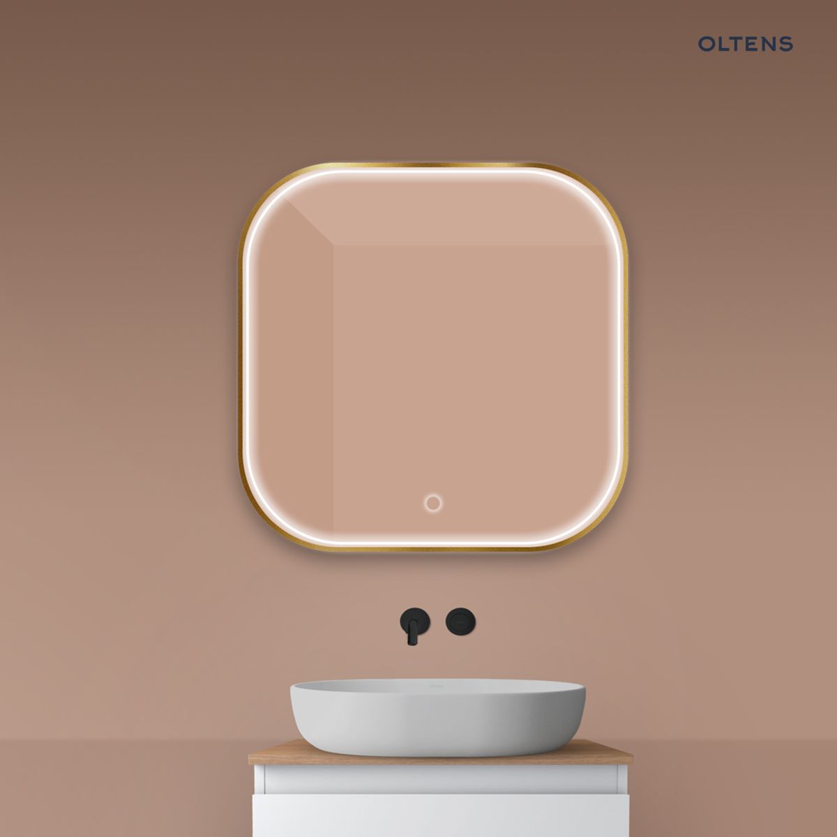 Oltens Nordlis lustro 80x80 cm kwadratowe z oświetleniem z przodu z matą grzewczą złoto szczotkowane
