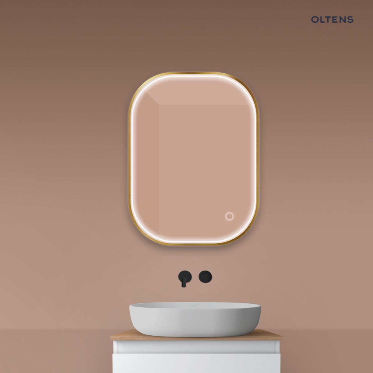 Oltens Nordlis lustro 60x80 cm prostokątne z oświetleniem z przodu z matą grzewczą złoto szczotkowane