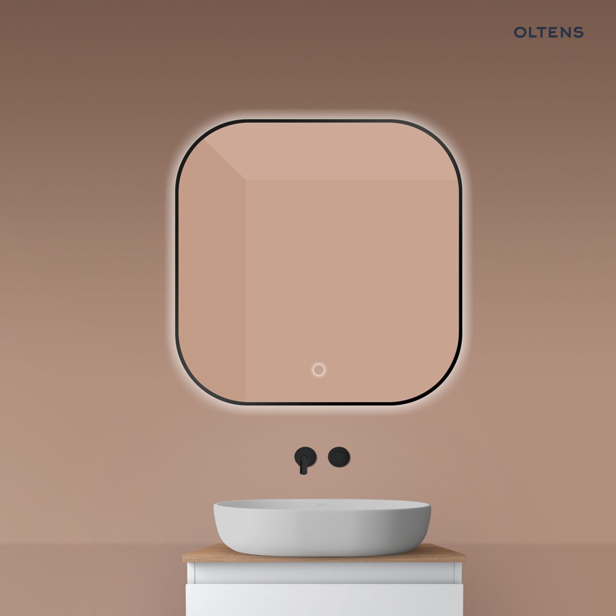 Oltens Nordlis lustro 80x80 cm kwadratowe z oświetleniem od tyłu z matą grzewczą czarny