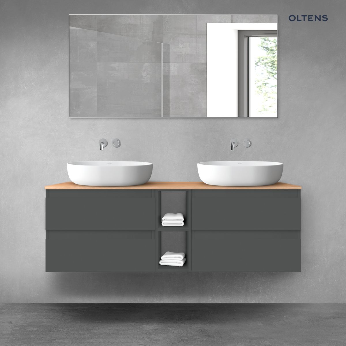 Oltens Vernal zestaw mebli łazienkowych 140 cm z blatem grafit mat/dąb