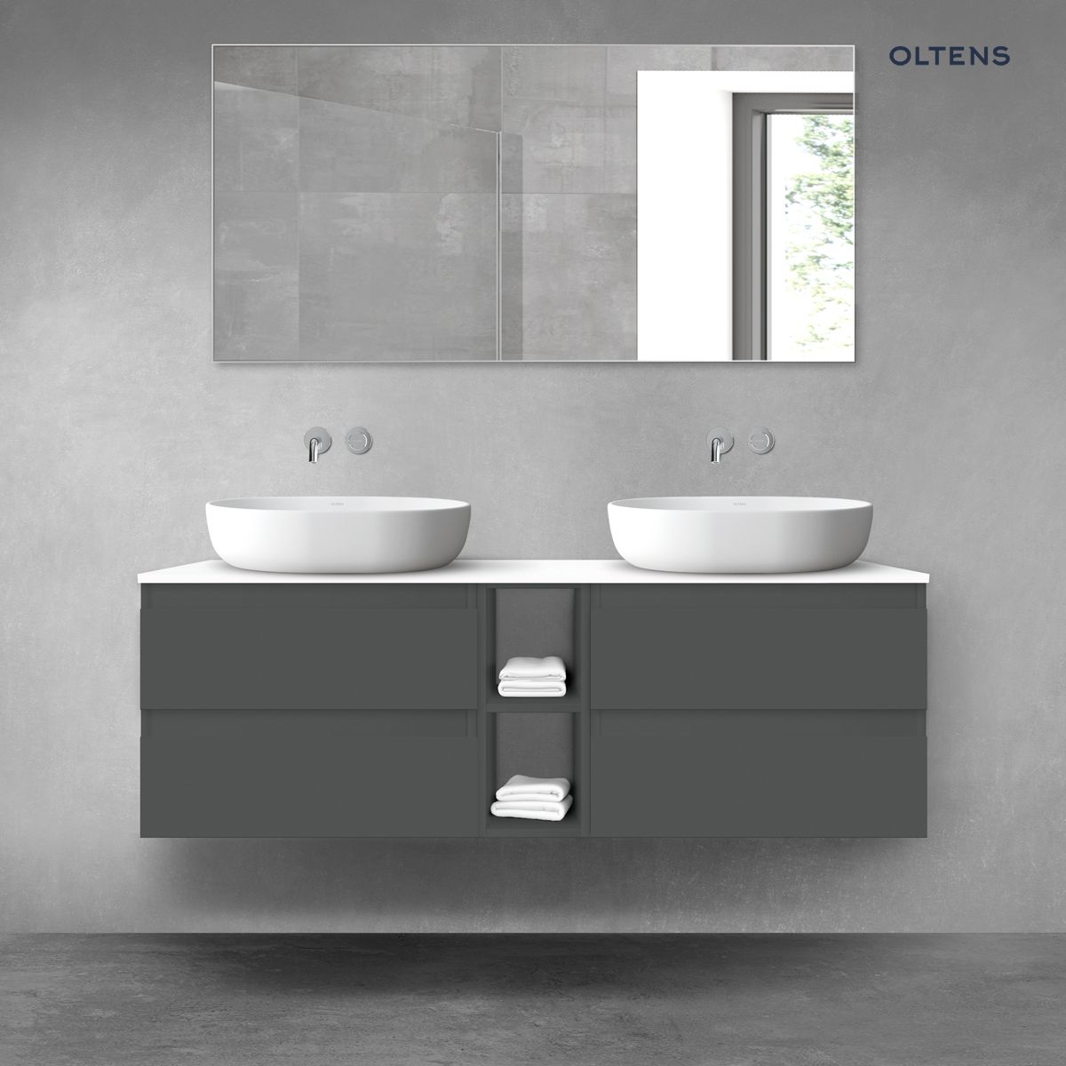 Oltens Vernal zestaw mebli łazienkowych 140 cm z blatem grafit mat/biały połysk