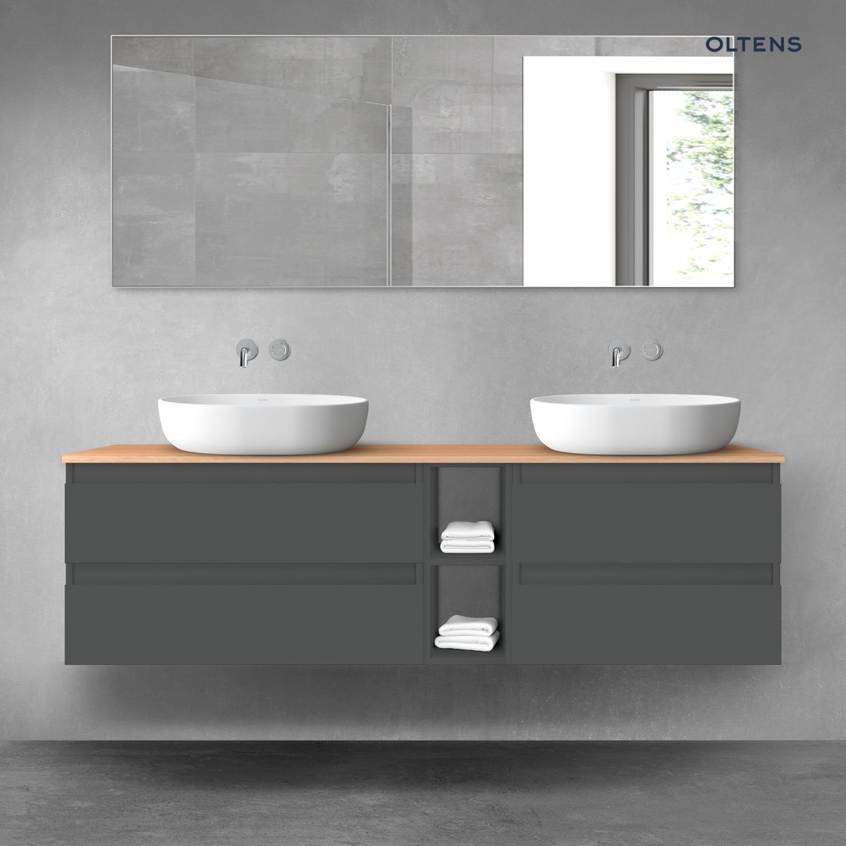 Oltens Vernal zestaw mebli łazienkowych 160 cm z blatem grafit mat/dąb