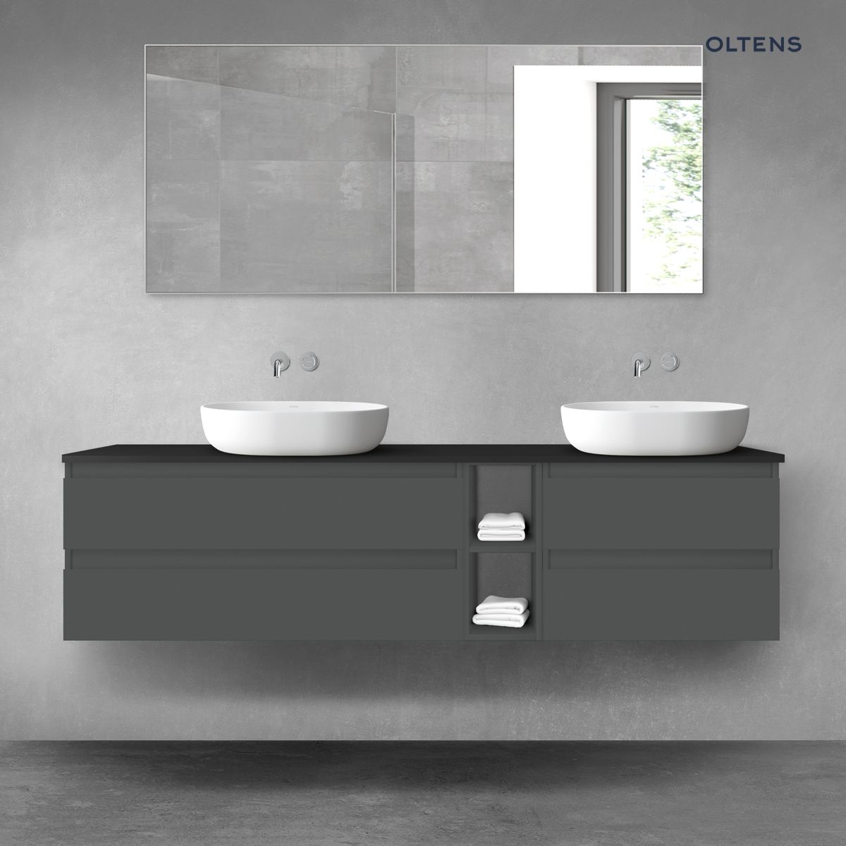 Oltens Vernal zestaw mebli łazienkowych 180 cm z blatem grafit mat/czarny mat