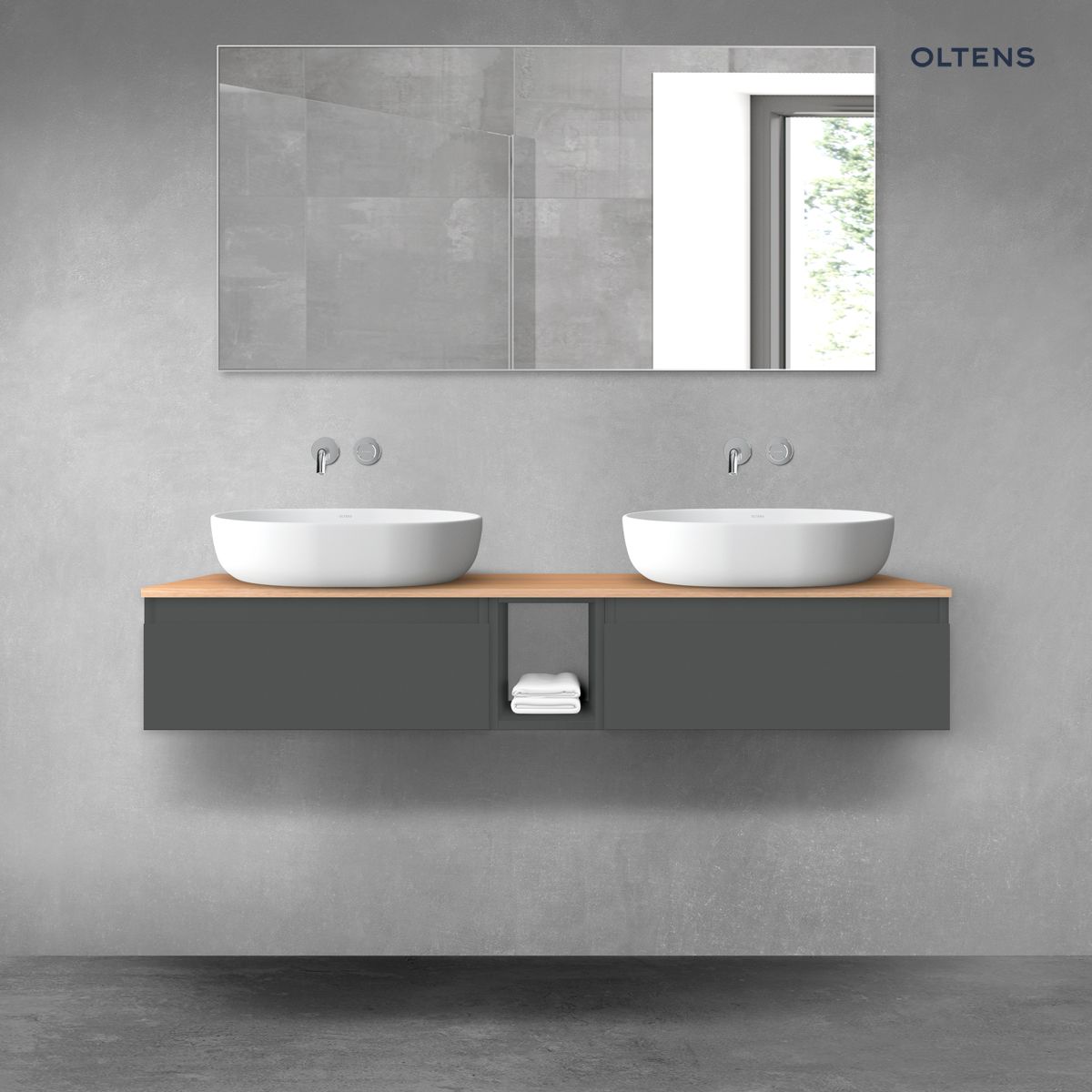 Oltens Vernal zestaw mebli łazienkowych 140 cm z blatem grafit mat/dąb