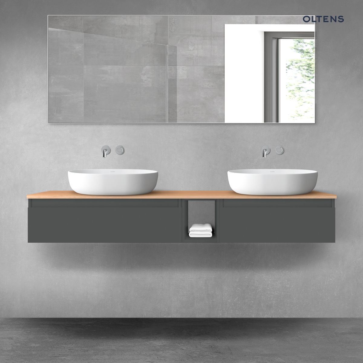 Oltens Vernal zestaw mebli łazienkowych 160 cm z blatem grafit mat/dąb
