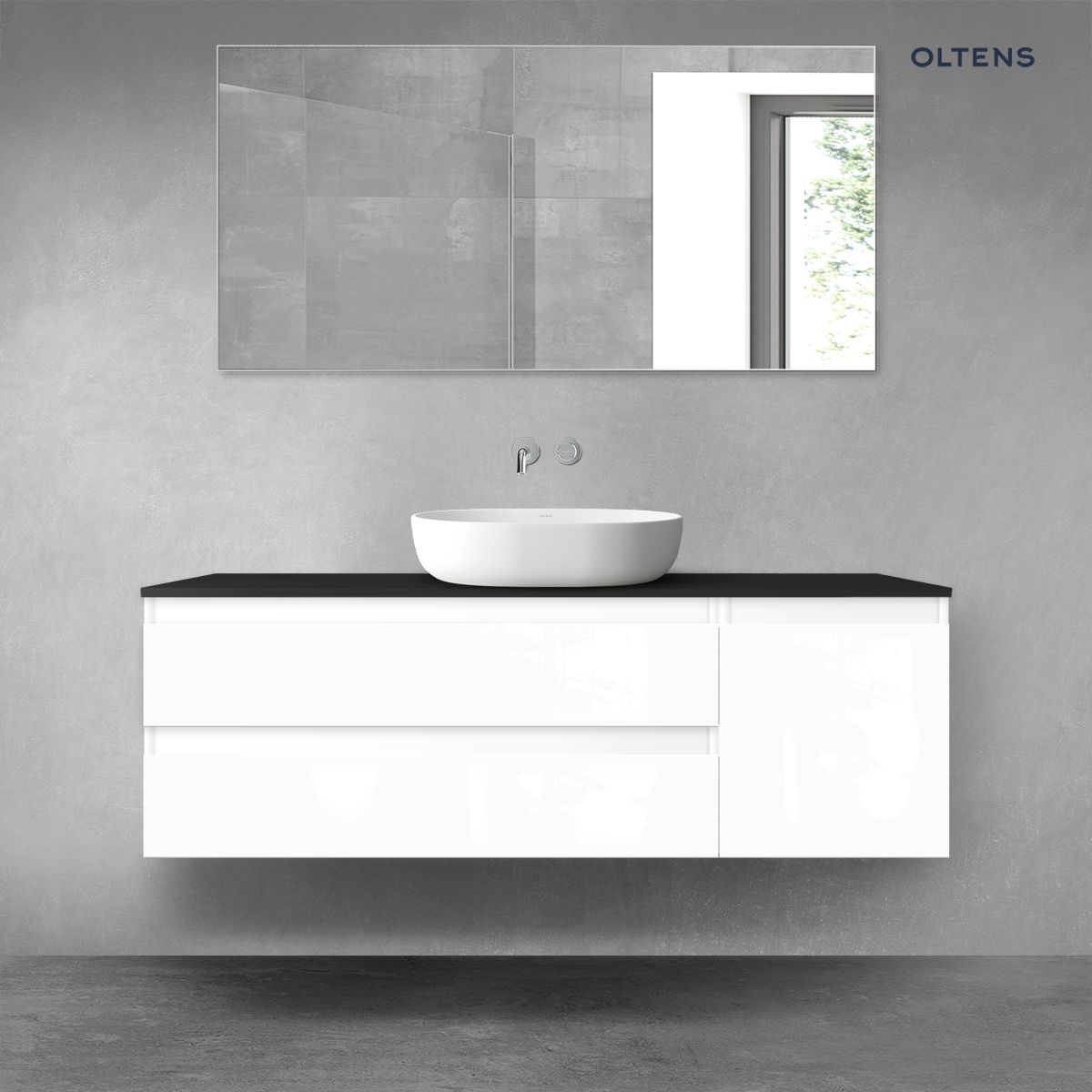 Oltens Vernal zestaw mebli łazienkowych 140 cm z blatem biały połysk/czarny mat