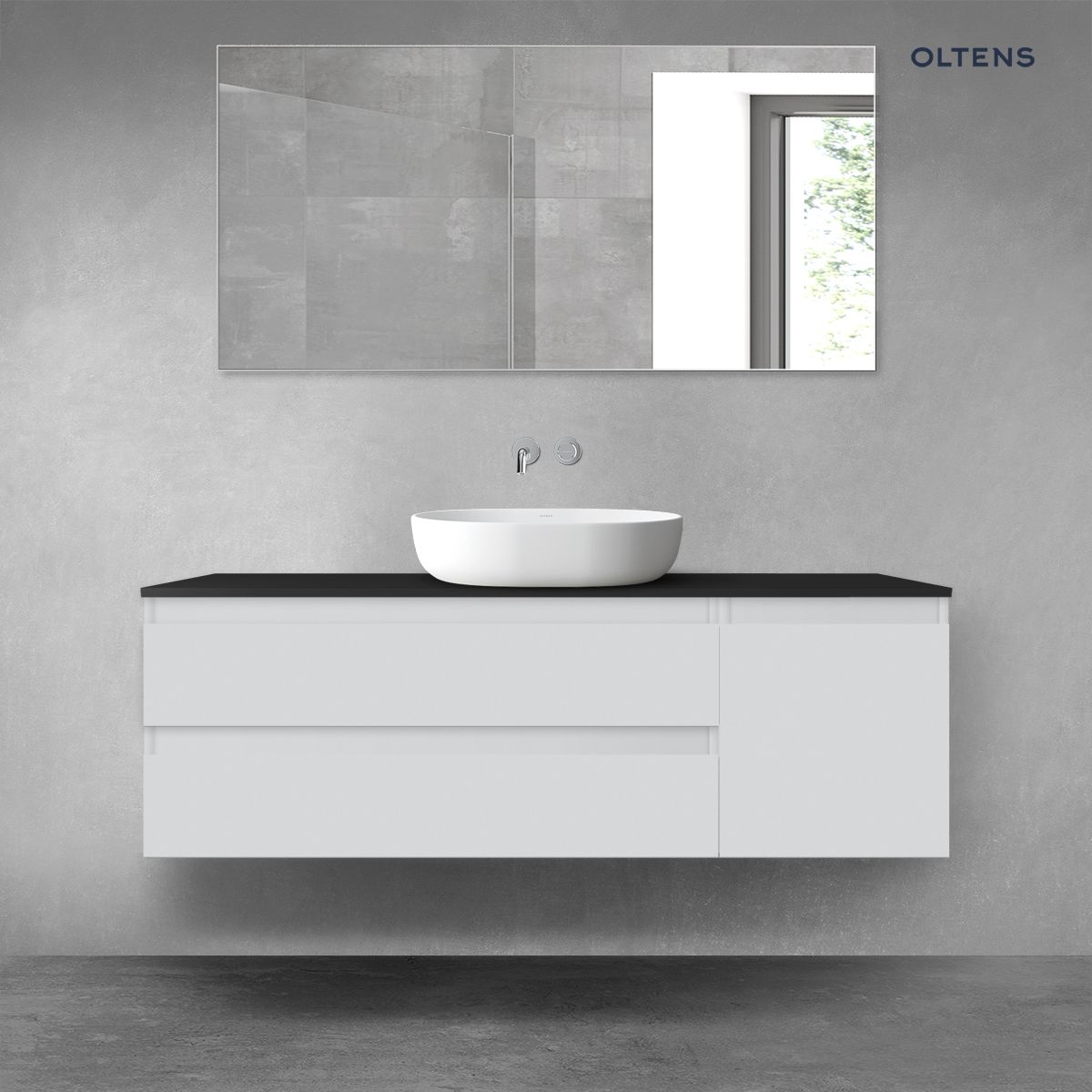 Oltens Vernal zestaw mebli łazienkowych 140 cm z blatem szary mat/czarny mat