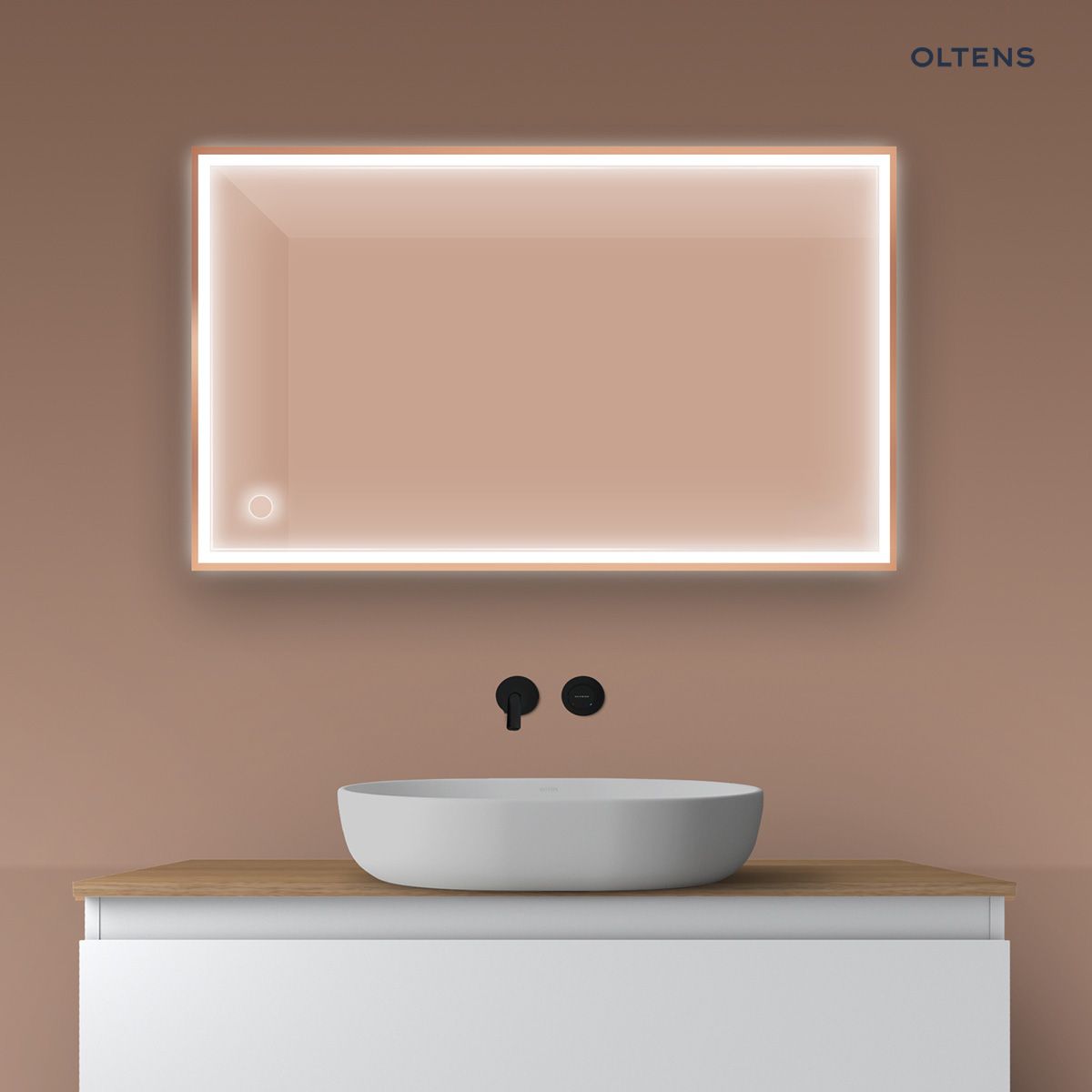 Oltens Nordlis lustro 60x100 cm prostokątne z oświetleniem z przodu z matą grzewczą miedź szczotkowana
