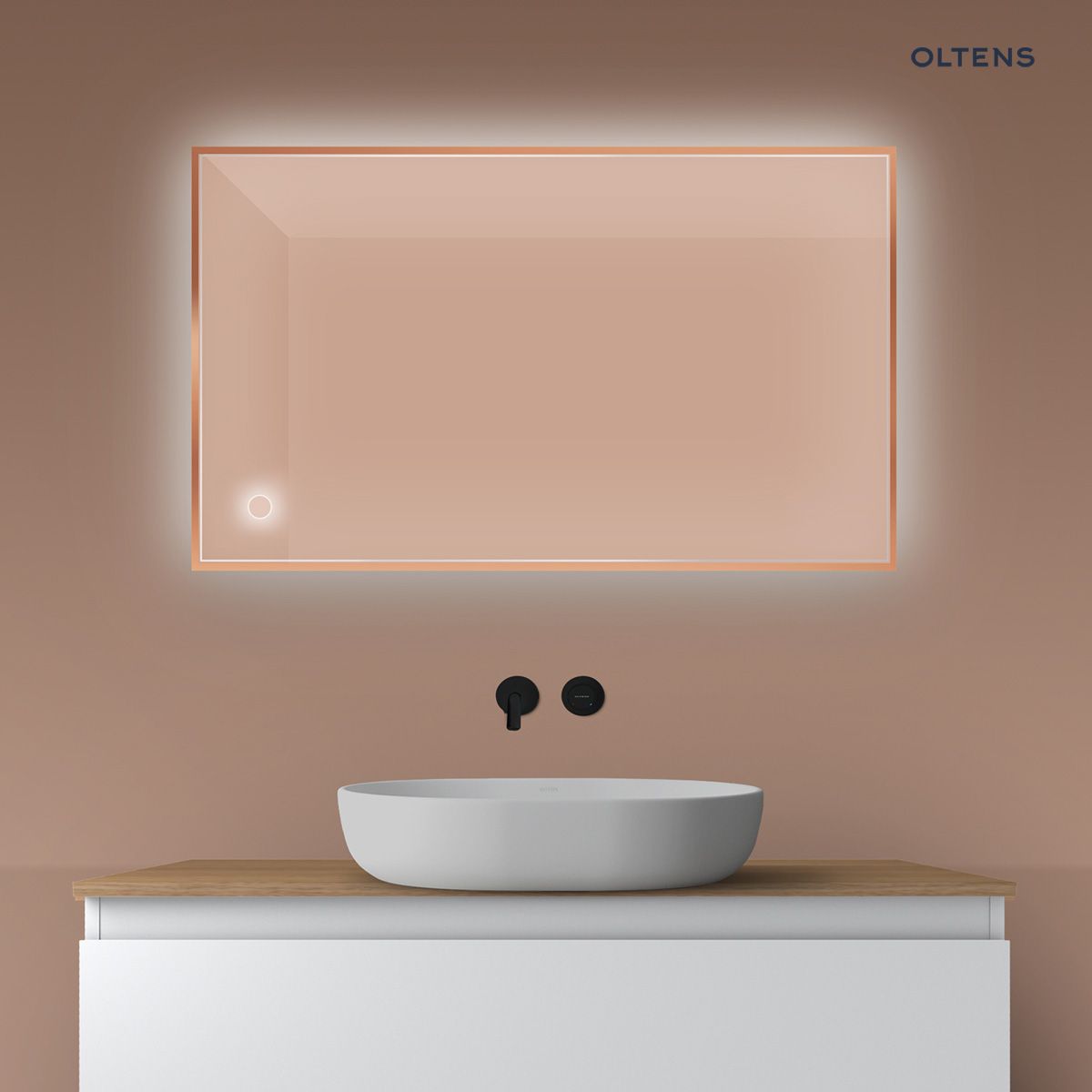 Oltens Nordlis lustro 60x100 cm prostokątne z oświetleniem od tyłu z matą grzewczą miedź szczotkowana
