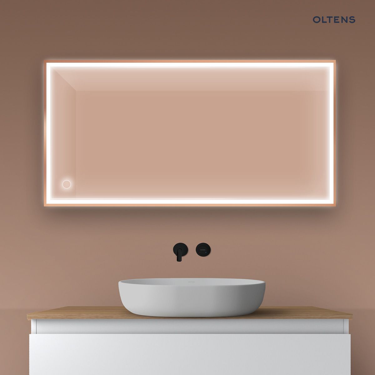 Oltens Nordlis lustro 60x120 cm prostokątne z oświetleniem z przodu z matą grzewczą miedź szczotkowana