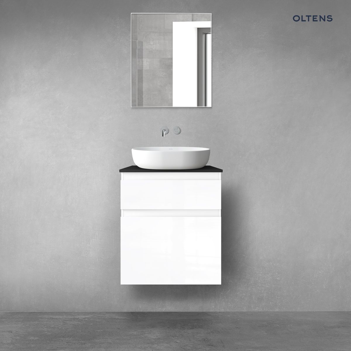 Oltens Vernal zestaw mebli łazienkowych 60 cm z blatem biały połysk/czarny mat