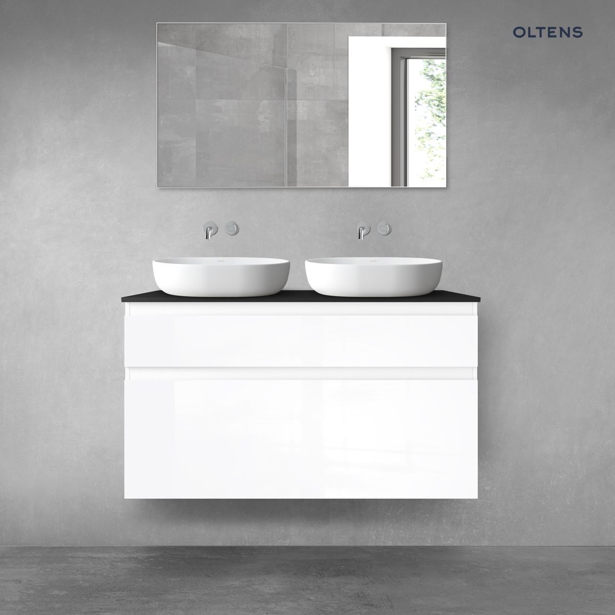 Oltens Vernal zestaw mebli łazienkowych 120 cm z blatem biały połysk/czarny mat