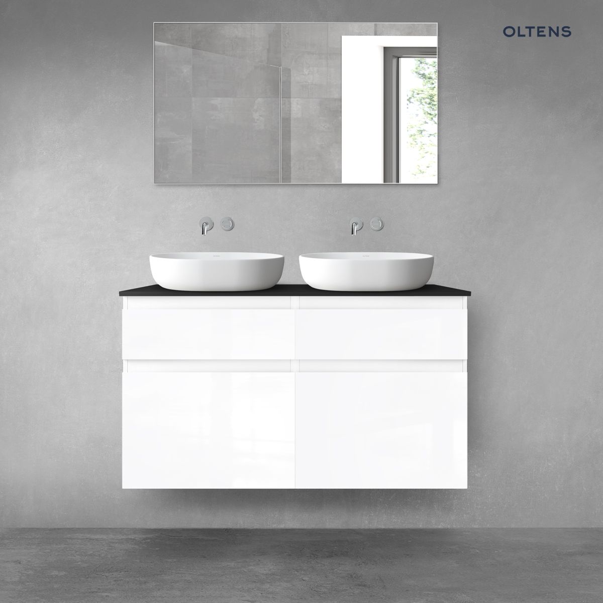 Oltens Vernal zestaw mebli łazienkowych 120 cm z blatem biały połysk/czarny mat