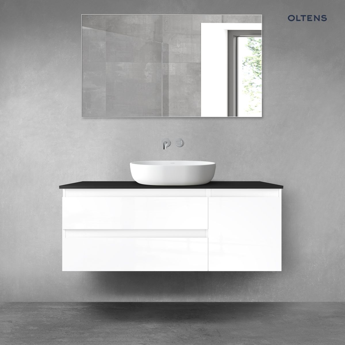 Oltens Vernal zestaw mebli łazienkowych 120 cm z blatem biały połysk/czarny mat